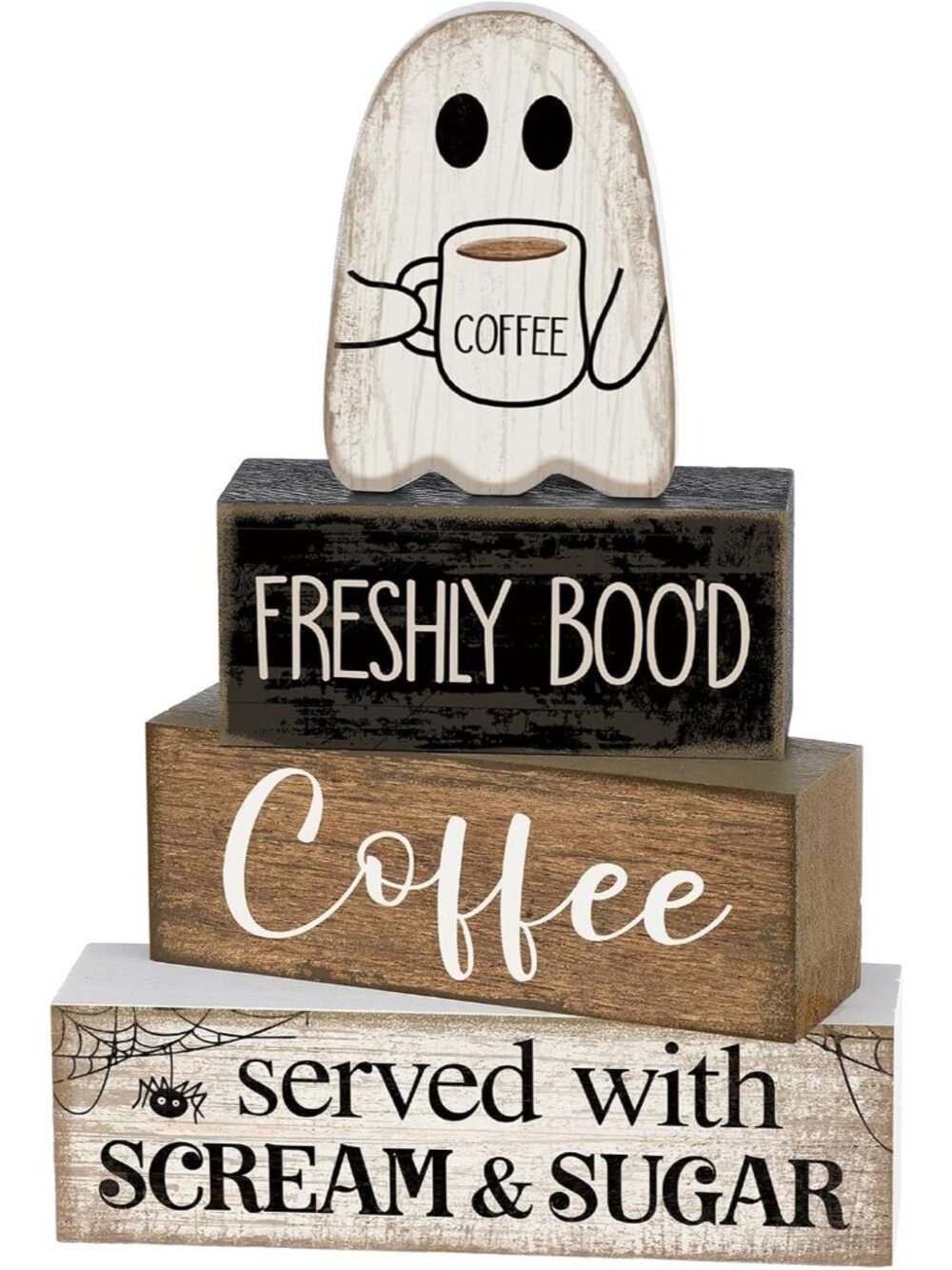 4 Pcs Halloween Coffee Table Decor Wooden Ghost Coffee Bar Sign Stackable Blocks
